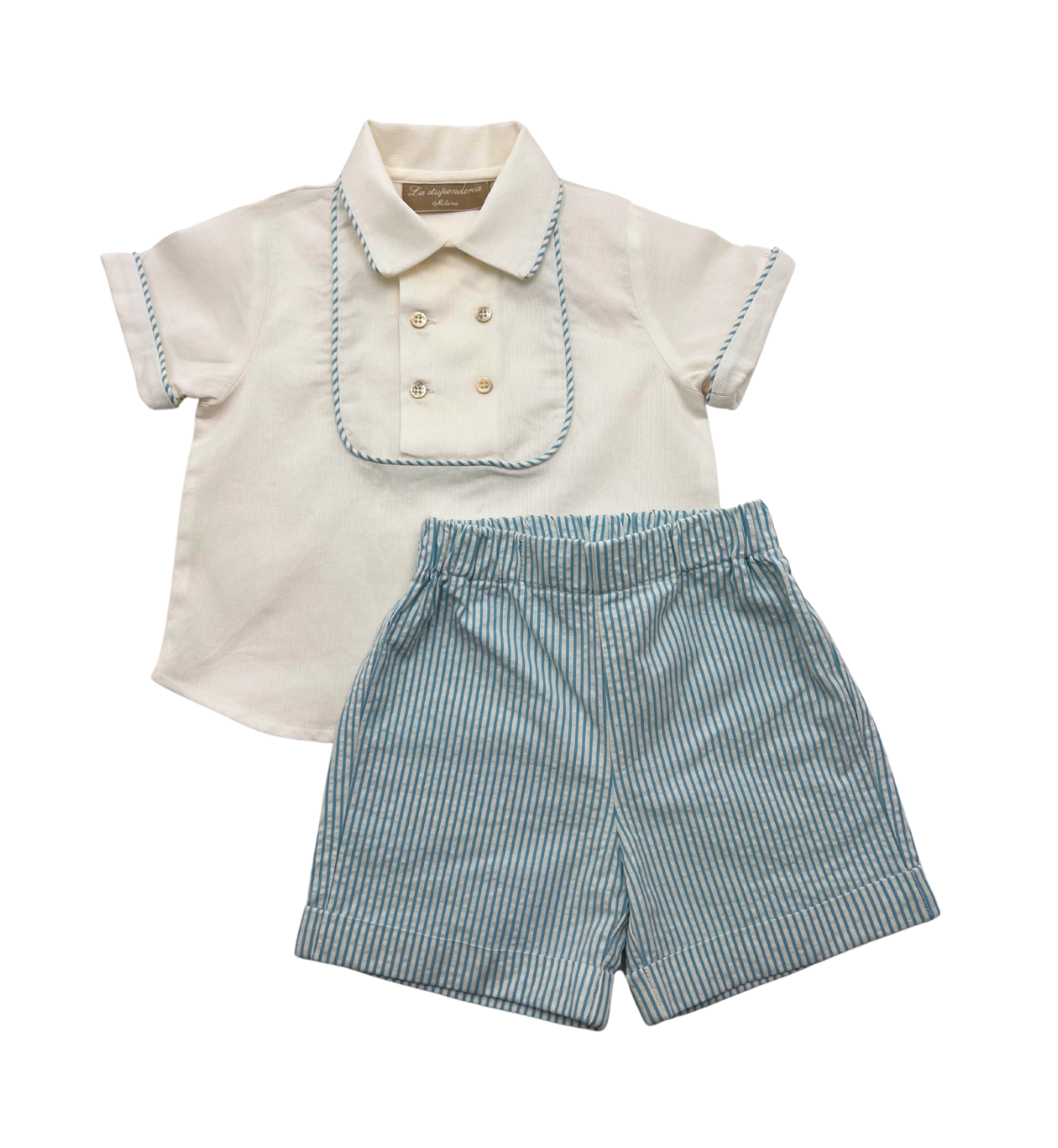 LA STUPENDERIA - Blau gestreiftes Set aus formellem Hemd und Shorts - 9 Monate
