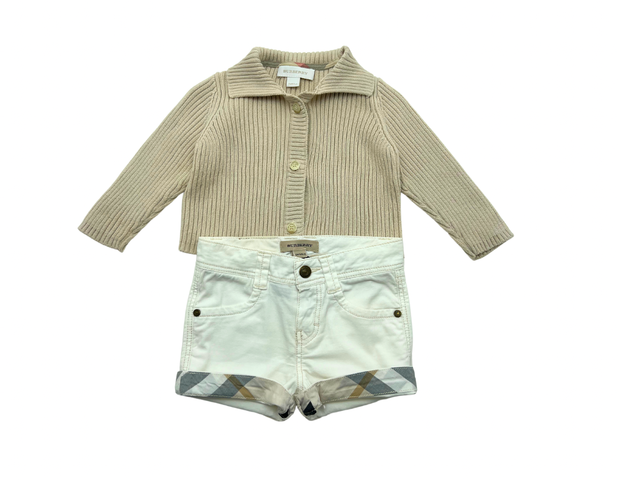 BURBERRY - Ensemble short blanc & pull beige - 6 mois