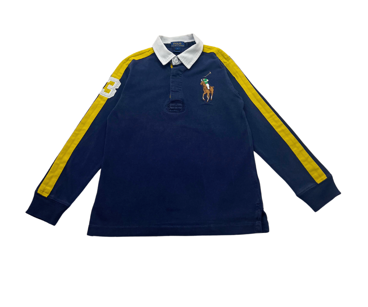RALPH LAUREN - Marineblaues Langarm-Poloshirt mit gelben Streifen - 7 Jahre