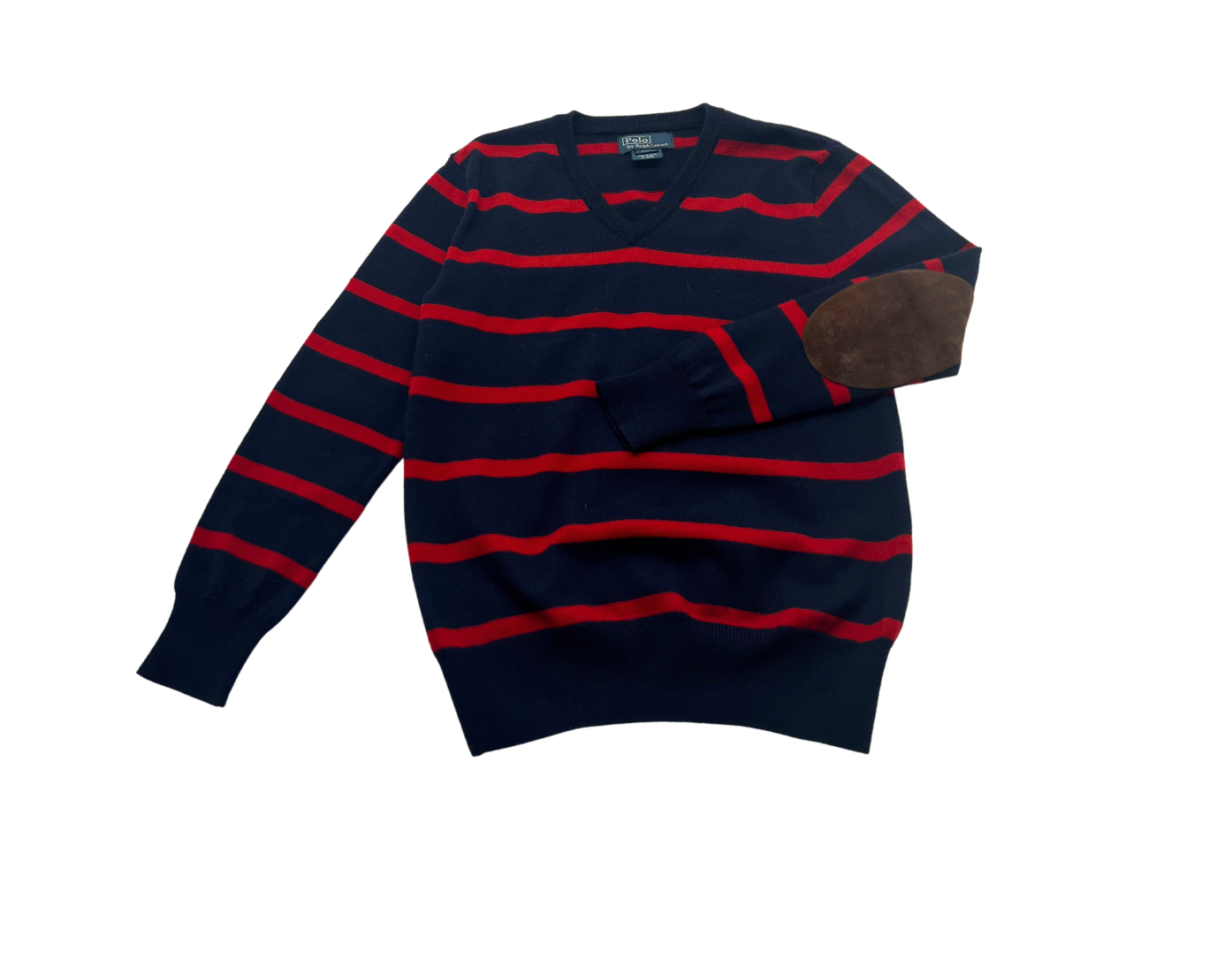 RALPH LAUREN - Pull en laine rayé avec patch en daim sur coudes - 8 ans