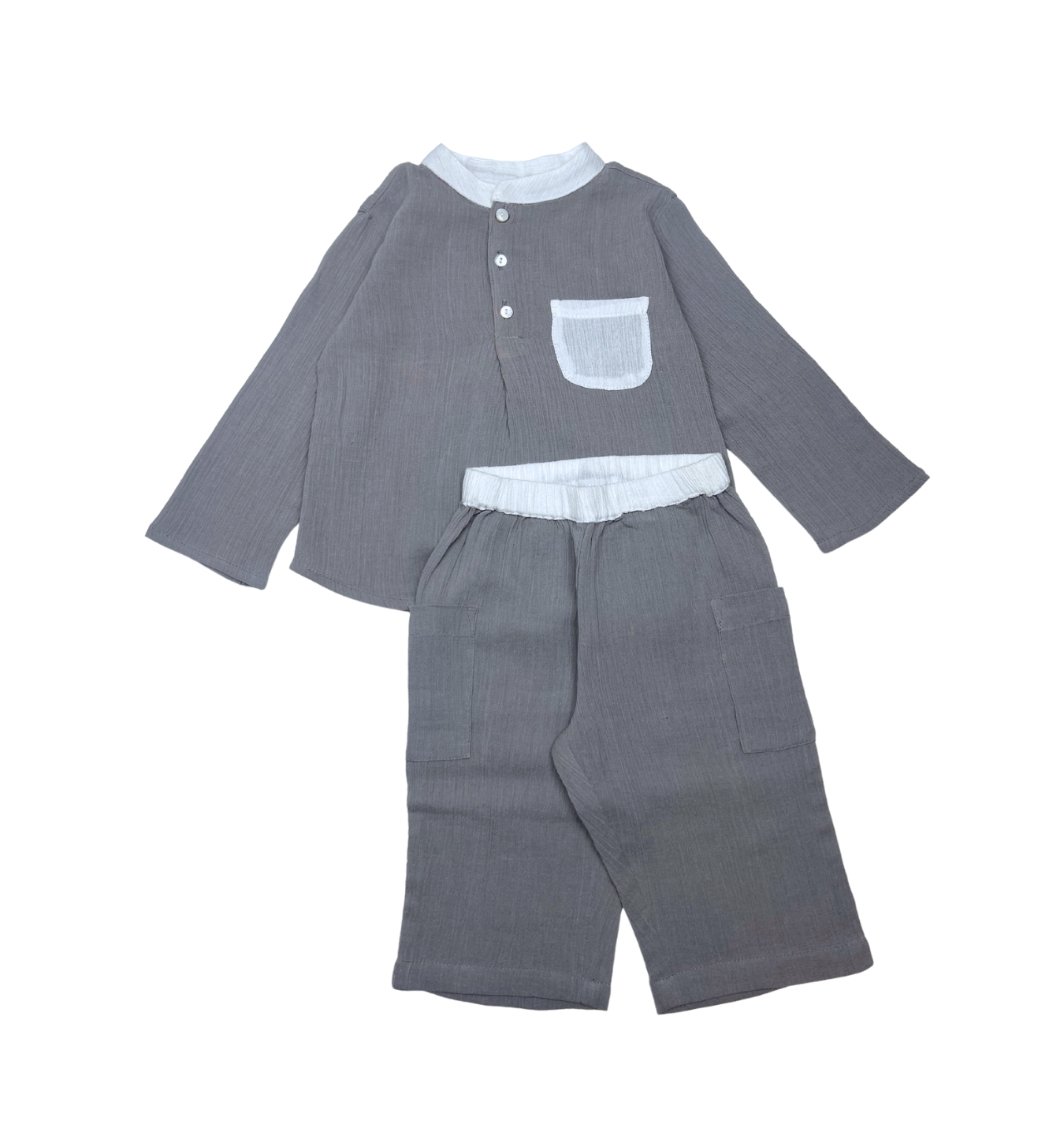 PARADIS BLANC - Ensemble gris/taupe léger avec poche et liseret blanc - 6 mois