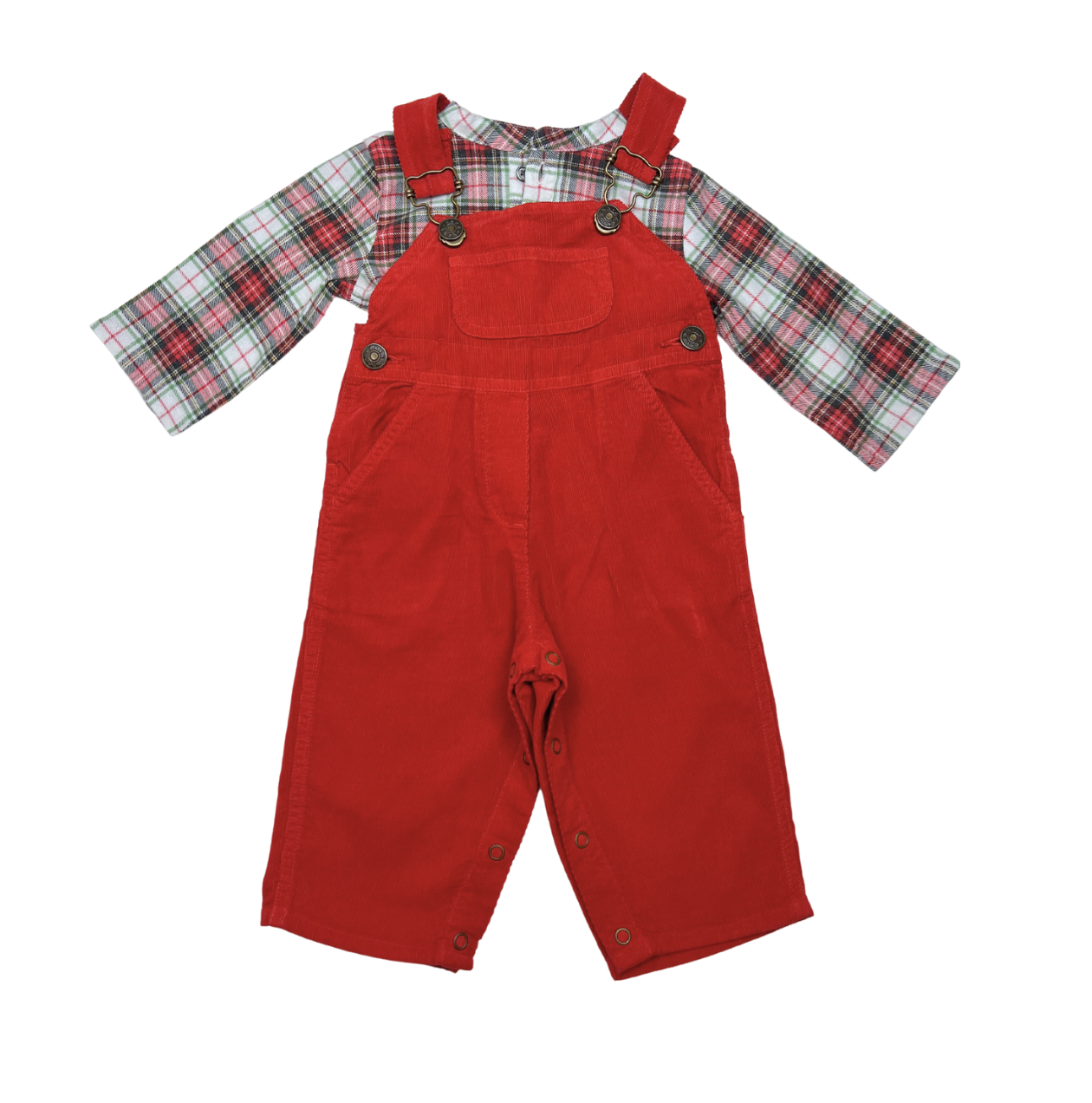 BONTON - Ensemble salopette en velours rouge & chemise à carreaux - 6 mois