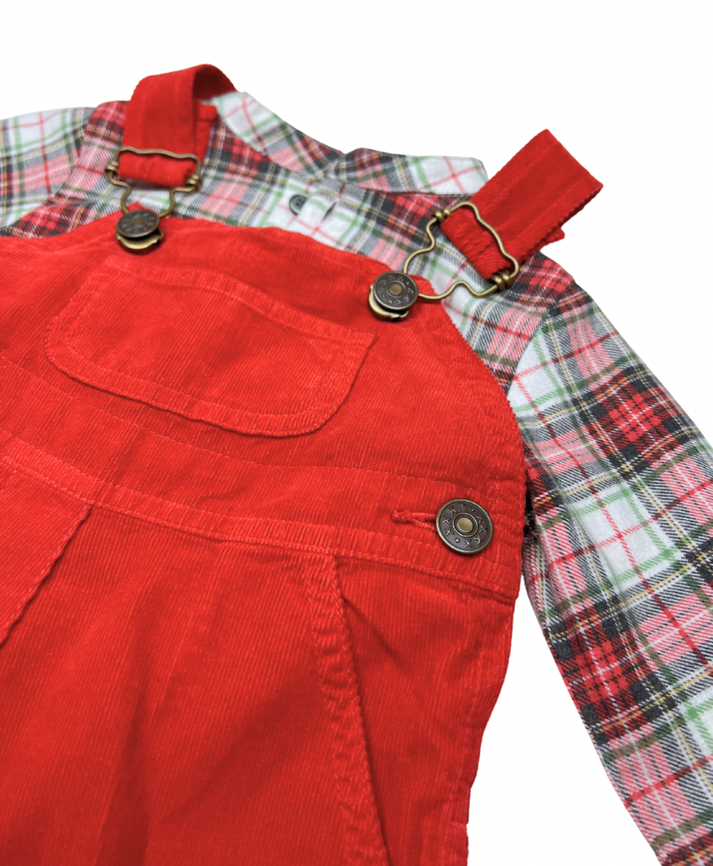 BONTON - Ensemble salopette en velours rouge & chemise à carreaux - 6 mois