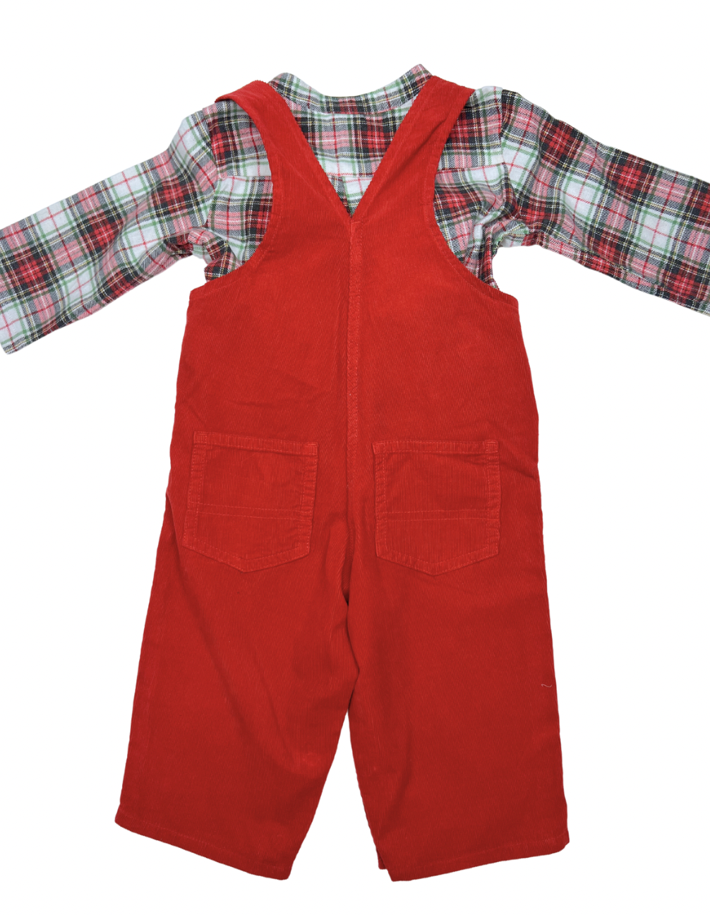BONTON - Red velvet overalls & checked shirt set - 6 months