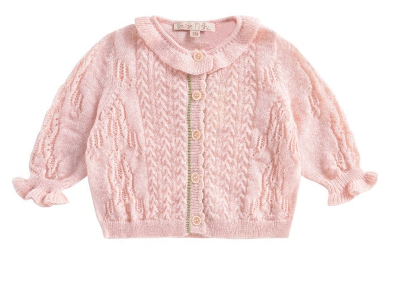 LOUISE MISHA - Cardigan rose poudre à volants et détails or - 6 mois