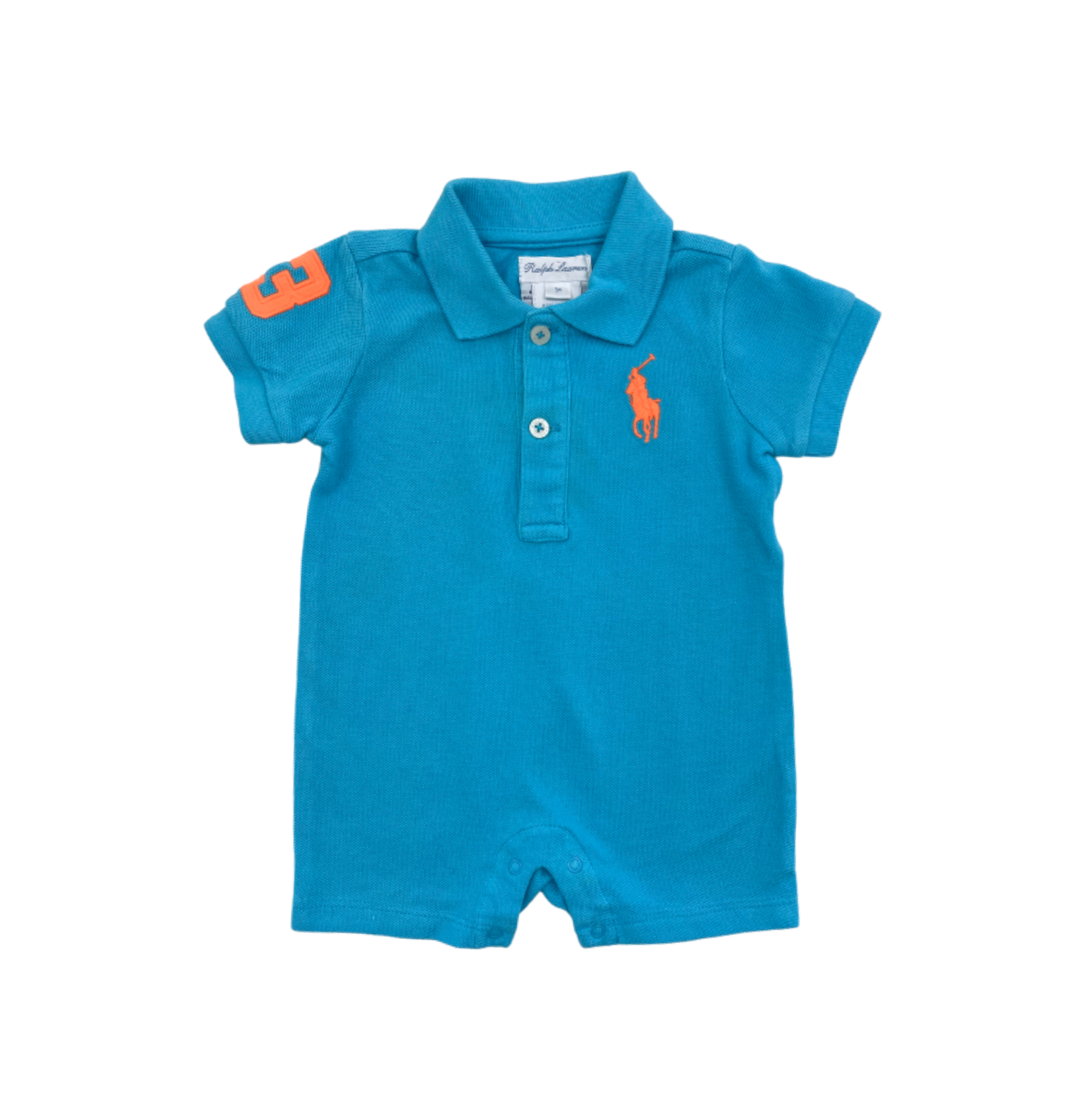 RALPH LAUREN - Combishort bleue détails oranges - 3 mois