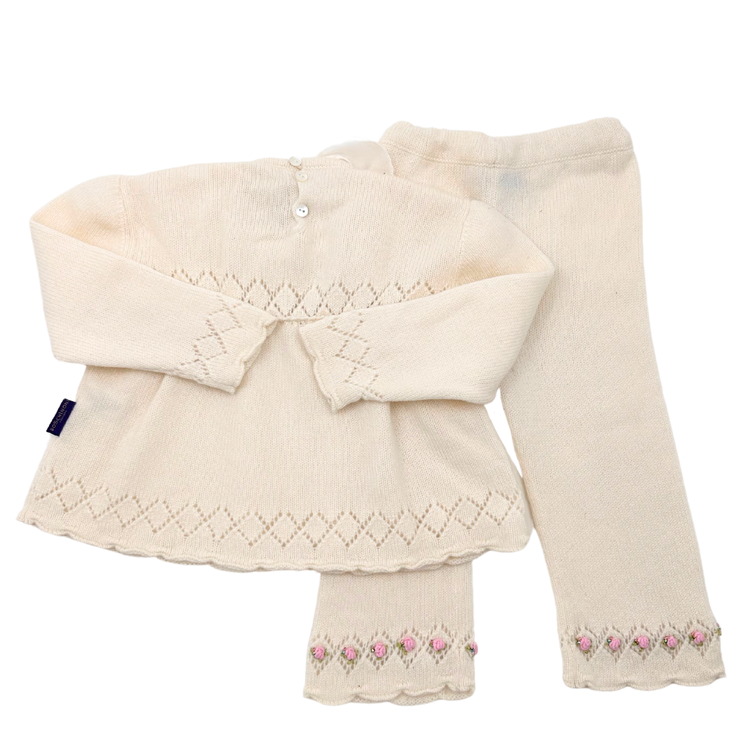 BOSCHINONI - Ensemble en cachemire crème avec broderies fleurs - 12 mois
