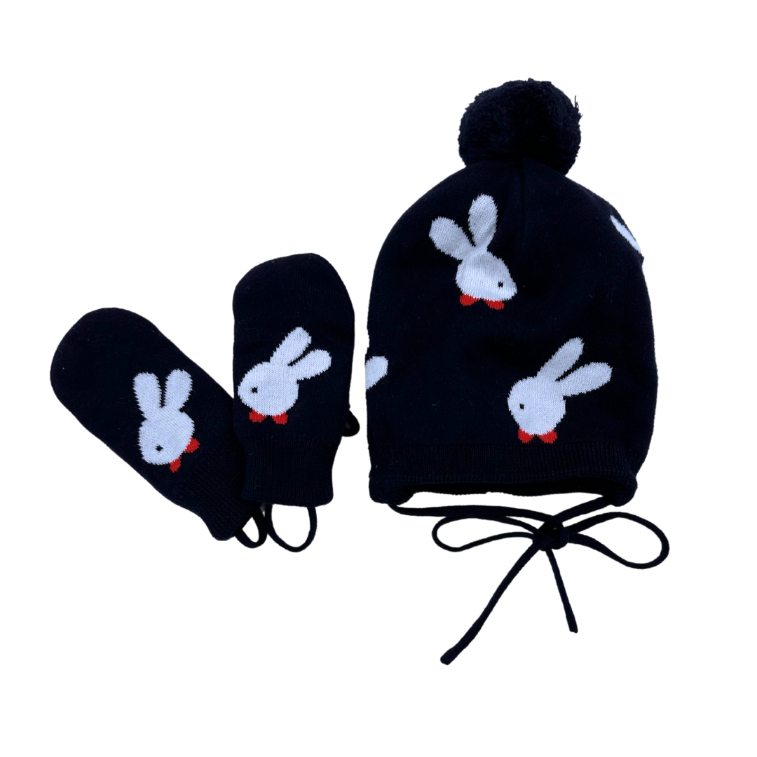 VINTAGE - Bonnet bleu marine et lapins blancs - 12 mois