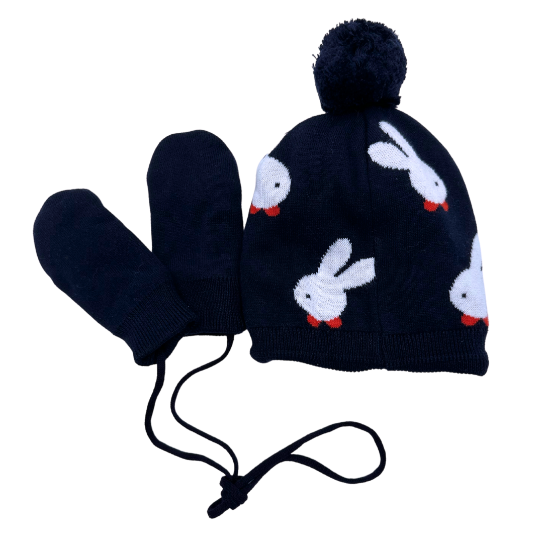 VINTAGE - Bonnet bleu marine et lapins blancs - 12 mois