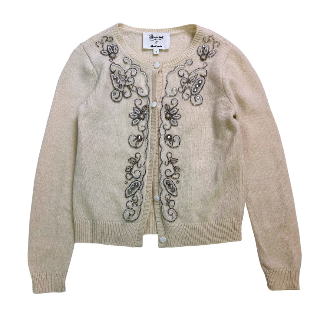 BONPOINT - Cream-colored wool cardigan decorated with pearls - 8 years
