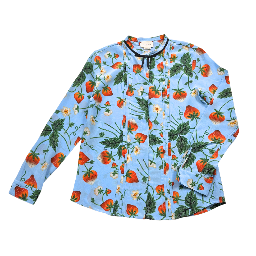 GUCCI - Chemisier en soie bleu motif fraises - 10 ans