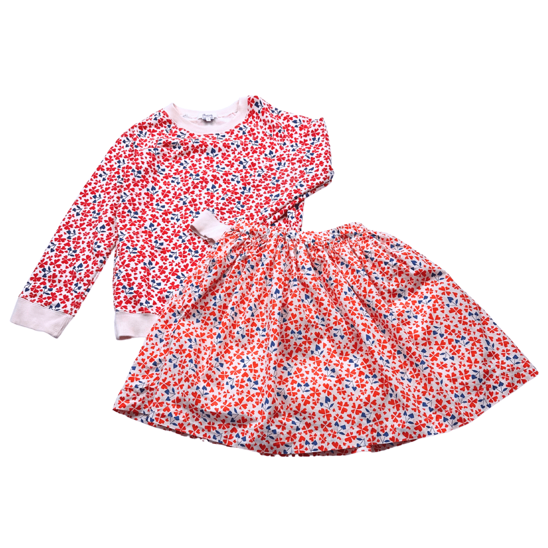 BONPOINT - Ensemble sweat et jupe rose à motifs coeurs et fleurs - 12 ans