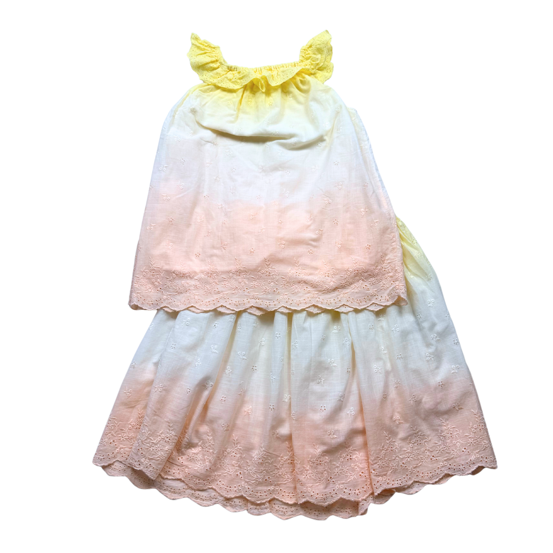 BONPOINT - Yellow and pink tie-dye skirt and blouse set with lace details - 14 years