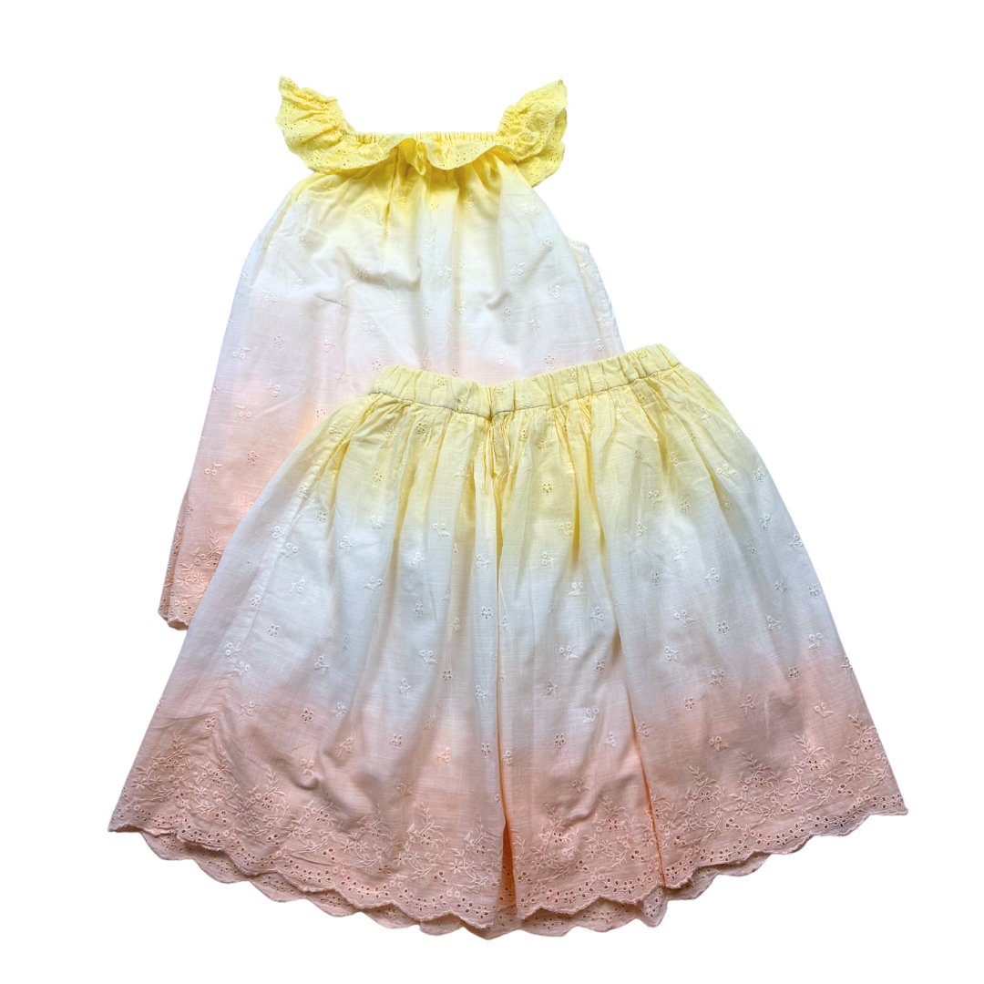 BONPOINT - Yellow and pink tie-dye skirt and blouse set with lace details - 14 years