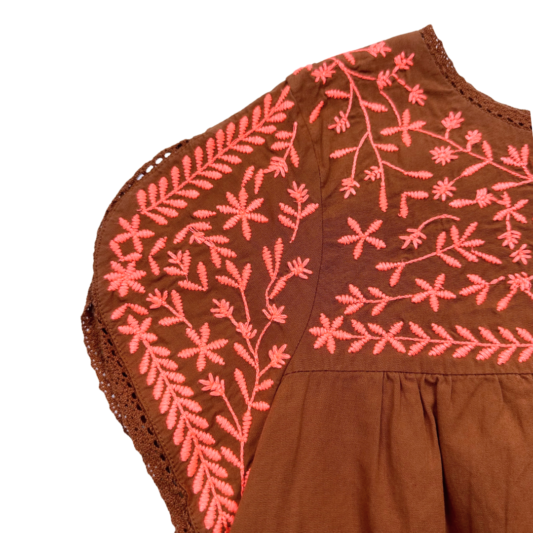 BONPOINT - Robe marron avec broderies roses - 10 ans