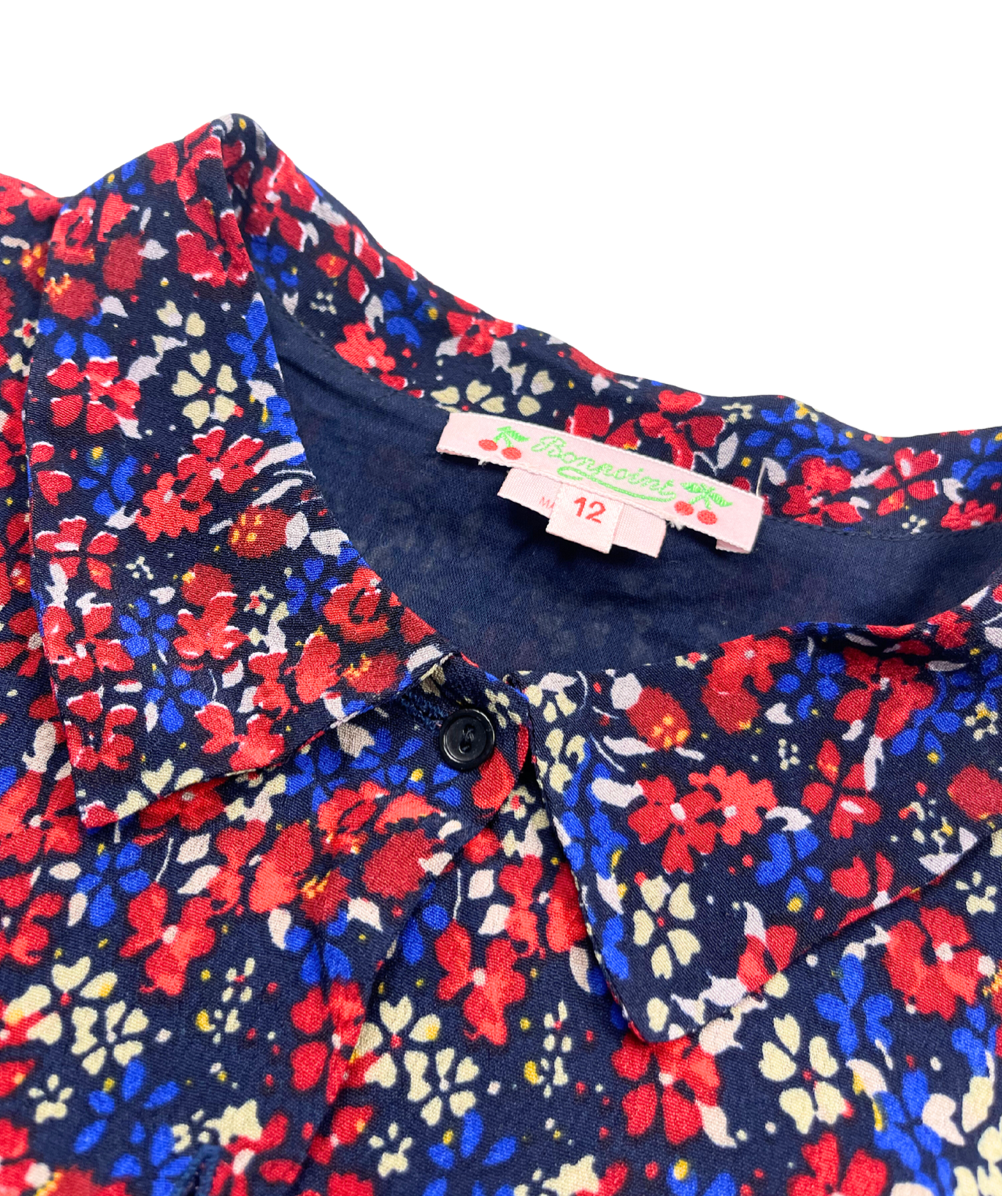 BONPOINT - Robe noire à fleurs rouges et bleues - 12 ans