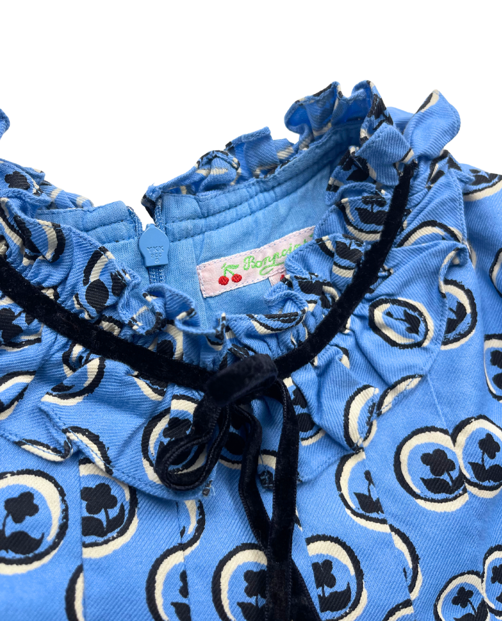 BONPOINT - Robe manches longues bleue à motifs - 12 ans