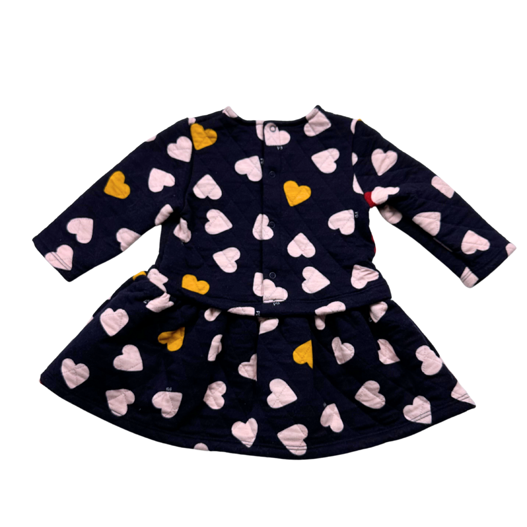 PETIT BATEAU - Robe bleu marine à coeurs rose roue et jaune - 12 mois