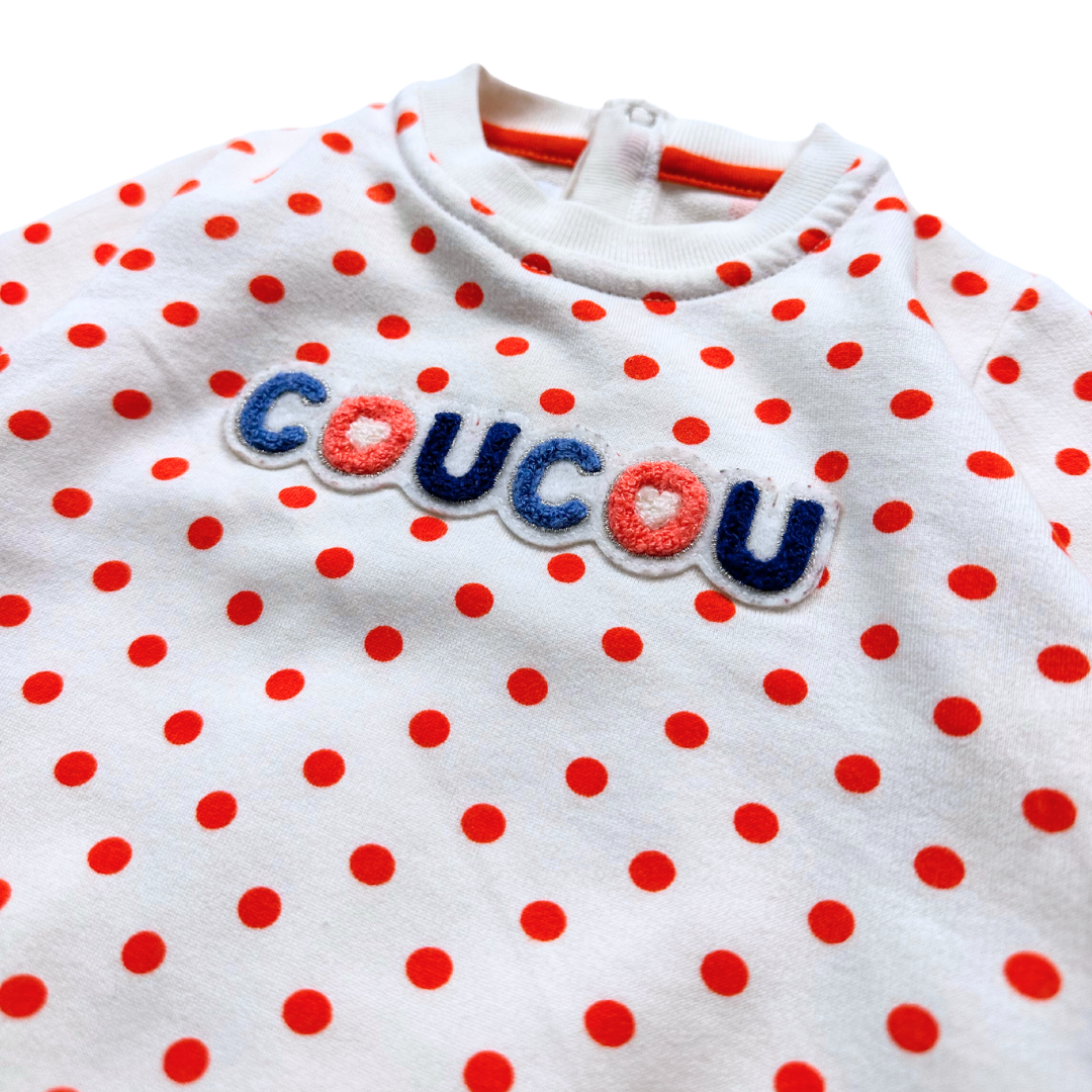 PETIT BATEAU - Sweat blanc à pois oranges "coucou" - 6 mois