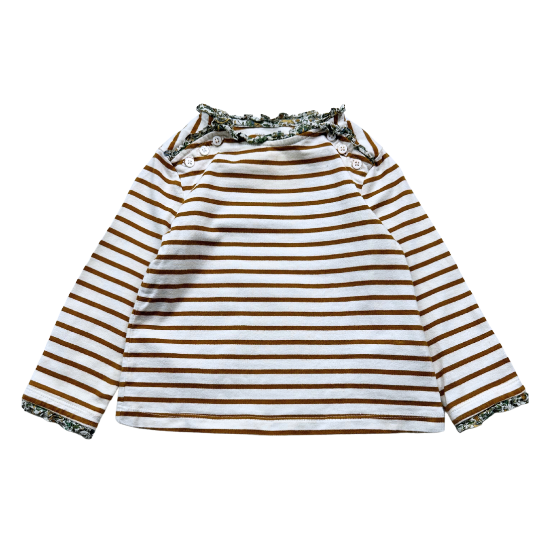 CYRILLUS - T-shirt à manches longues à rayures blanc et marron - 2 ans