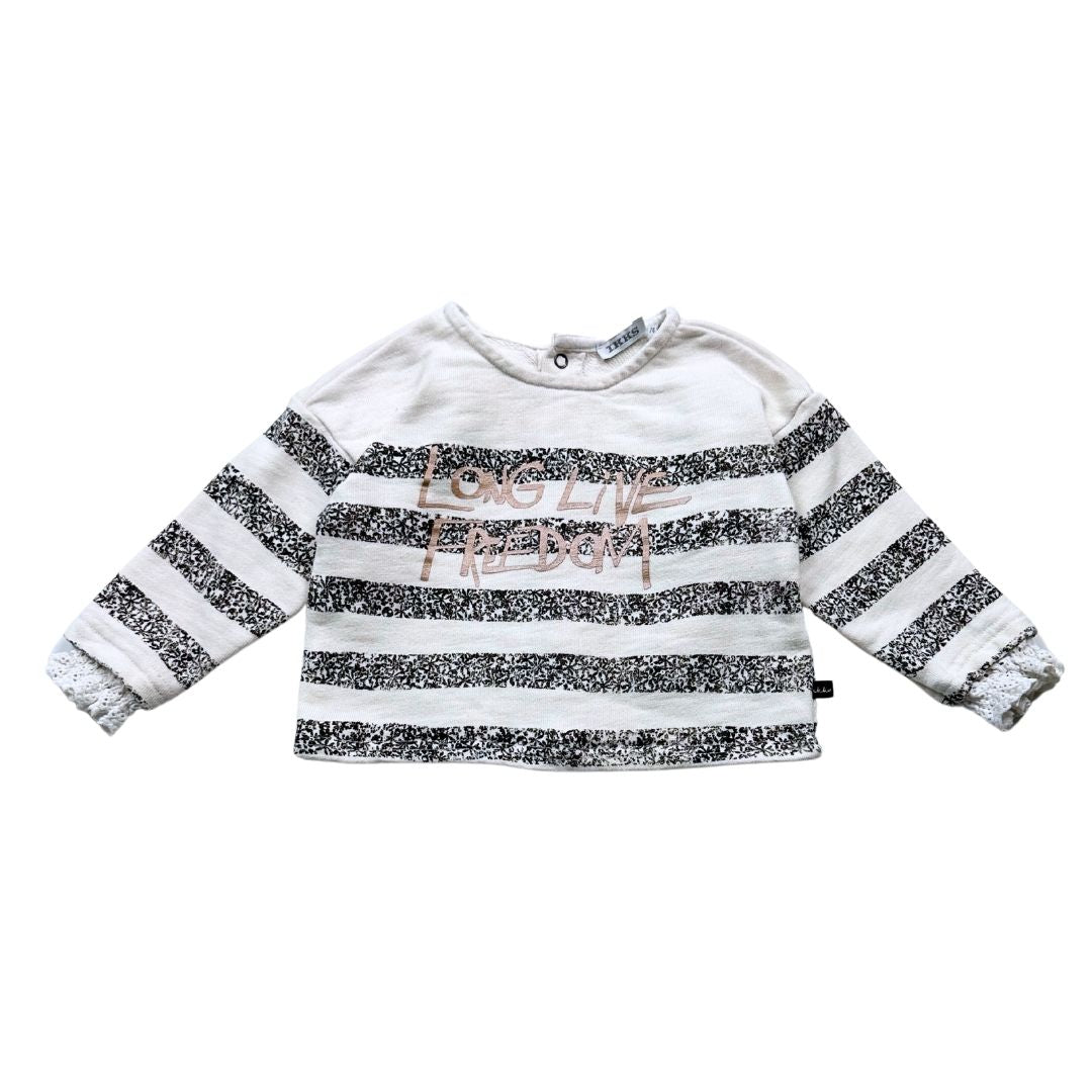 IKKS - Sweat blanc en coton rayé "Long Live Freedom" boutonné sur l'arrière - 12 mois