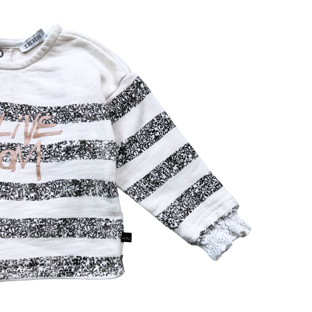 IKKS - Sweat blanc en coton rayé "Long Live Freedom" boutonné sur l'arrière - 12 mois