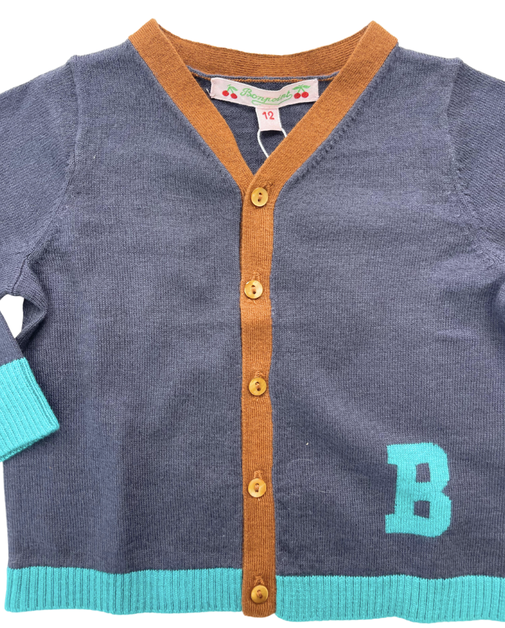 BONPOINT - Cardigan bleu ardoise « B » (neuf) - 12 mois