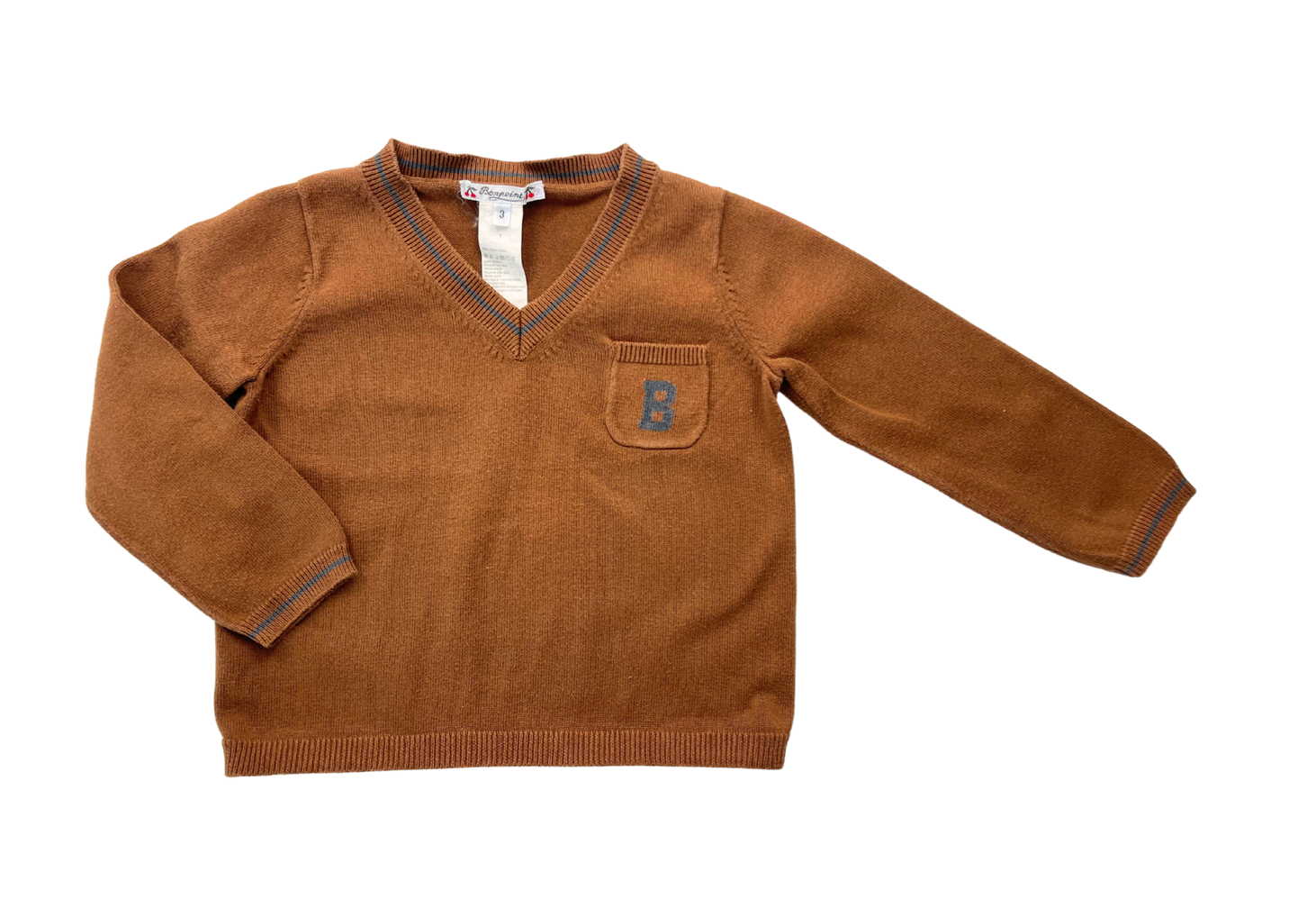 BONPOINT - Pull marron col V en coton - 3 ans