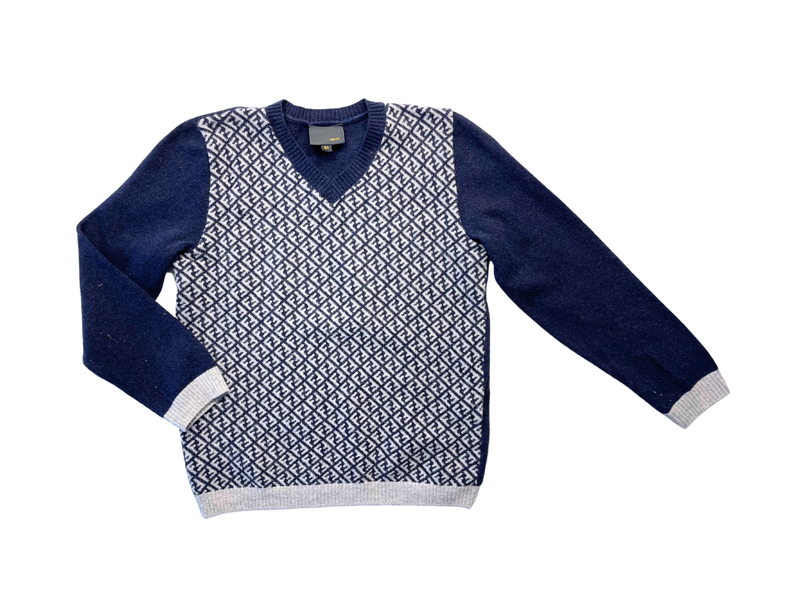 FENDI - Pull en laine bleu marine col V - 8 ans