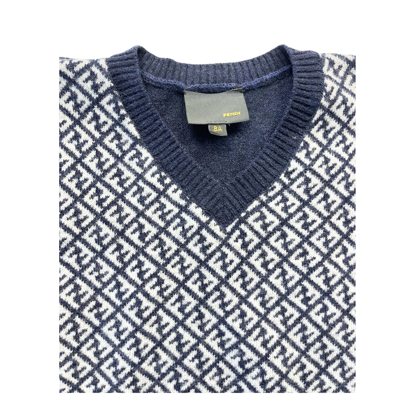 FENDI - Pull en laine bleu marine col V - 8 ans
