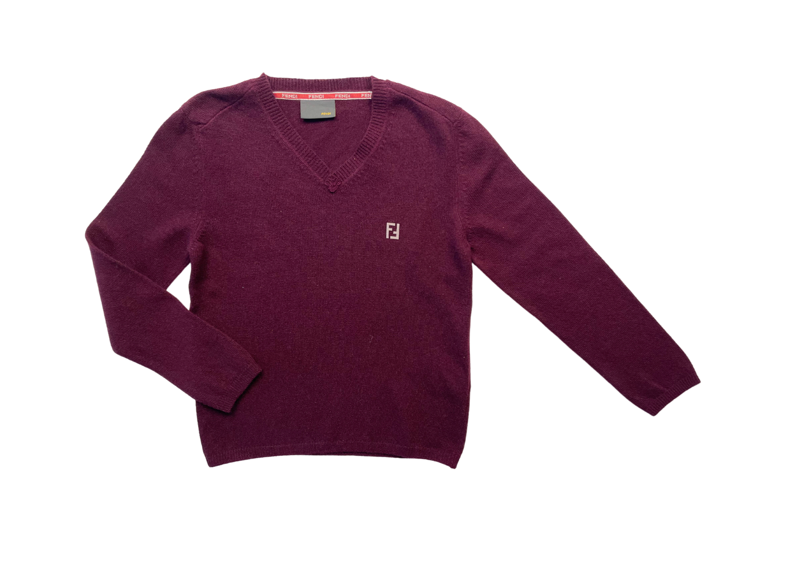 FENDI - Pull en laine bordeaux col V - 6 ans