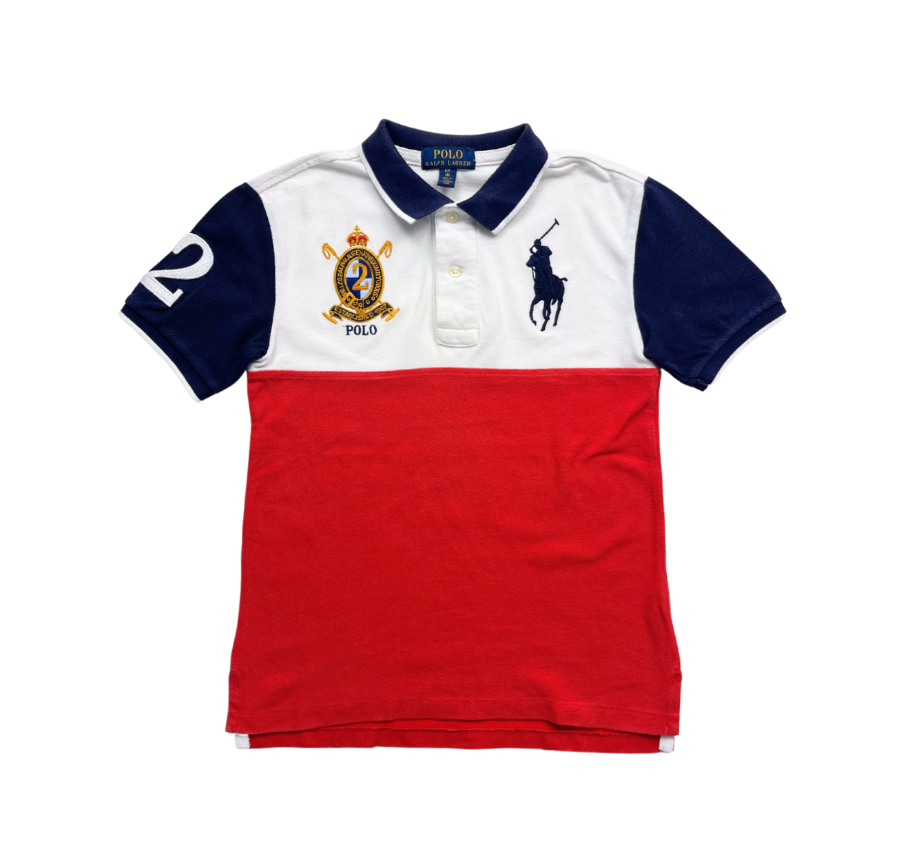 RALPH LAUREN - Polo bleu blanc et rouge - 8 ans