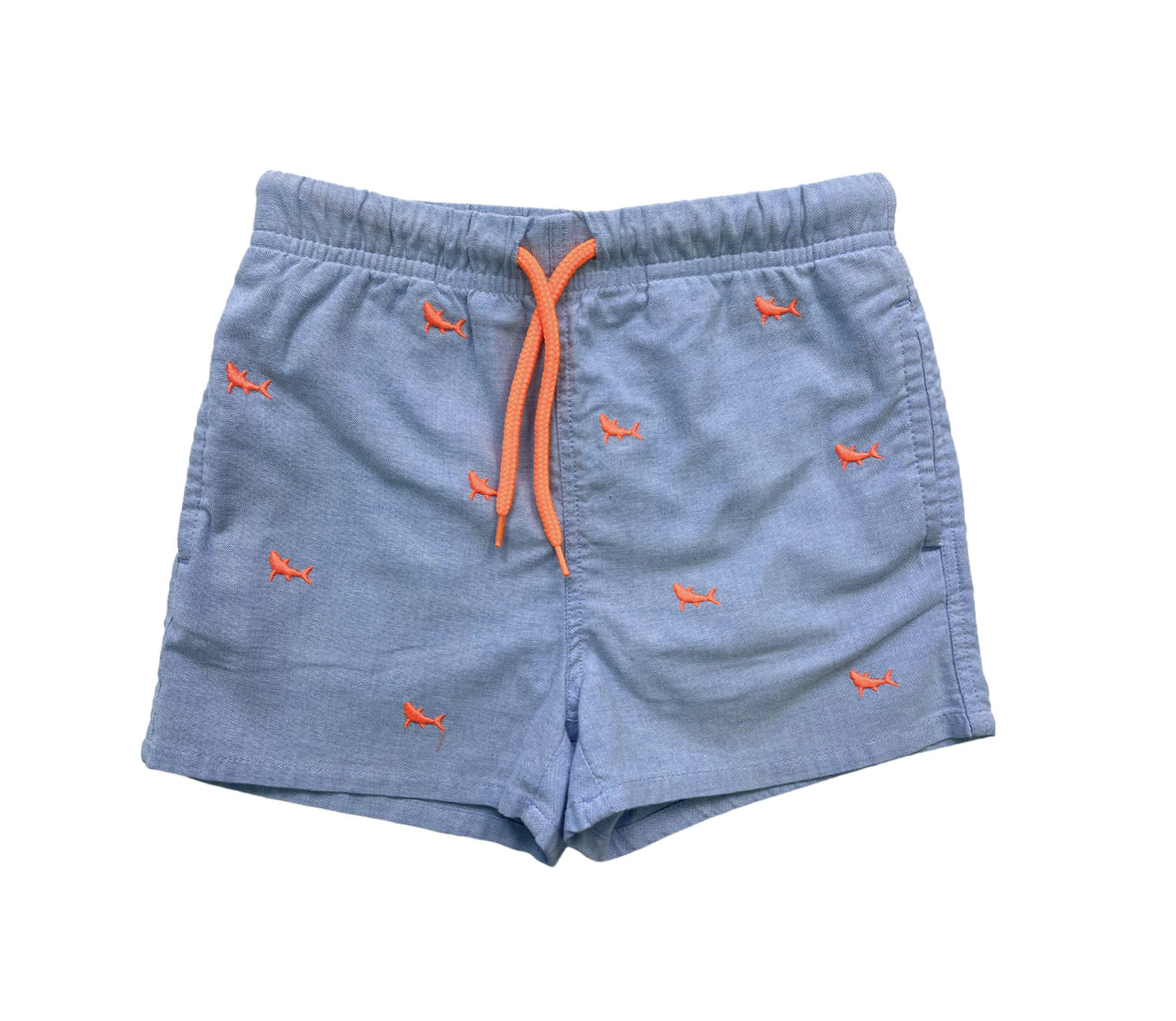 JACADI - Hellblaue Badeshorts mit gestickten orangefarbenen Haien - 4 Jahre