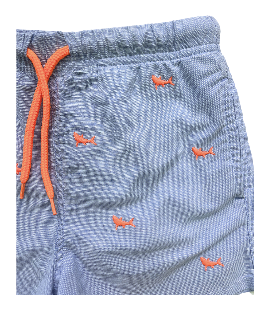 JACADI - Hellblaue Badeshorts mit gestickten orangefarbenen Haien - 4 Jahre