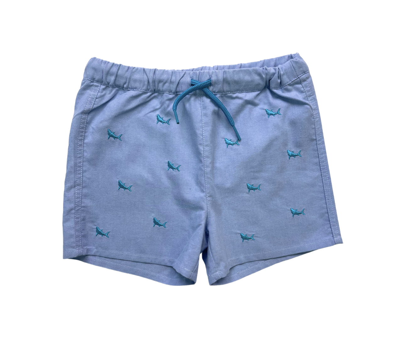 JACADI - Hellblaue Badeshorts mit gestickten türkisfarbenen Haien - 4 Jahre