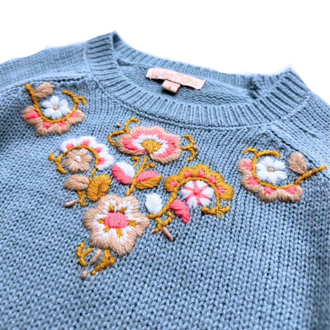 LOUISE MISHA - Pull bleu en laine et alpaga avec fleurs brodés - 4 ans