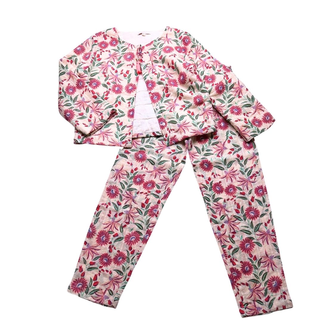 LOUISE MISHA - Ensemble veste et pantalon beige et fleurs roses - 8 ans