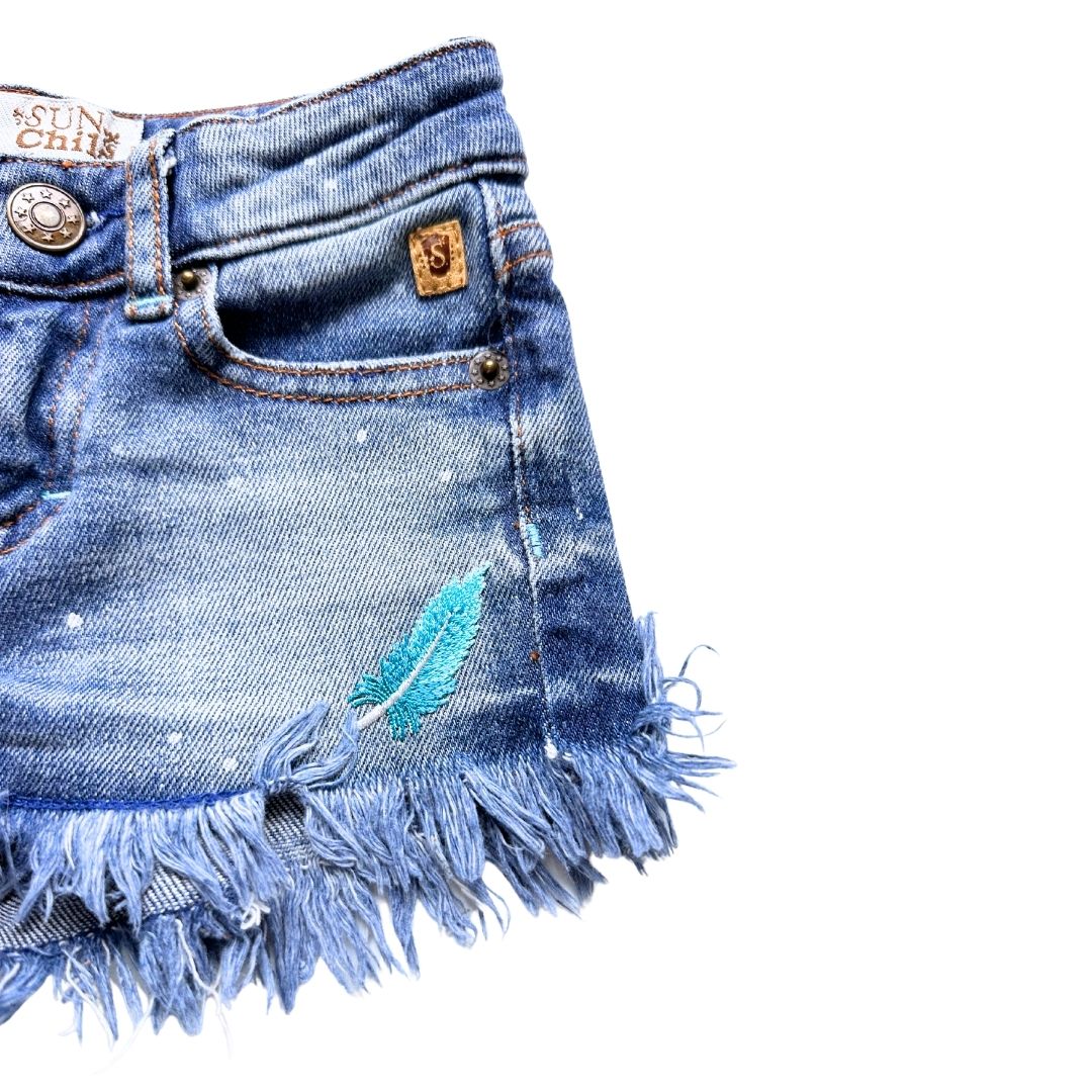 SUNCHILD - Blue denim shorts with embroidered feather - 2 years