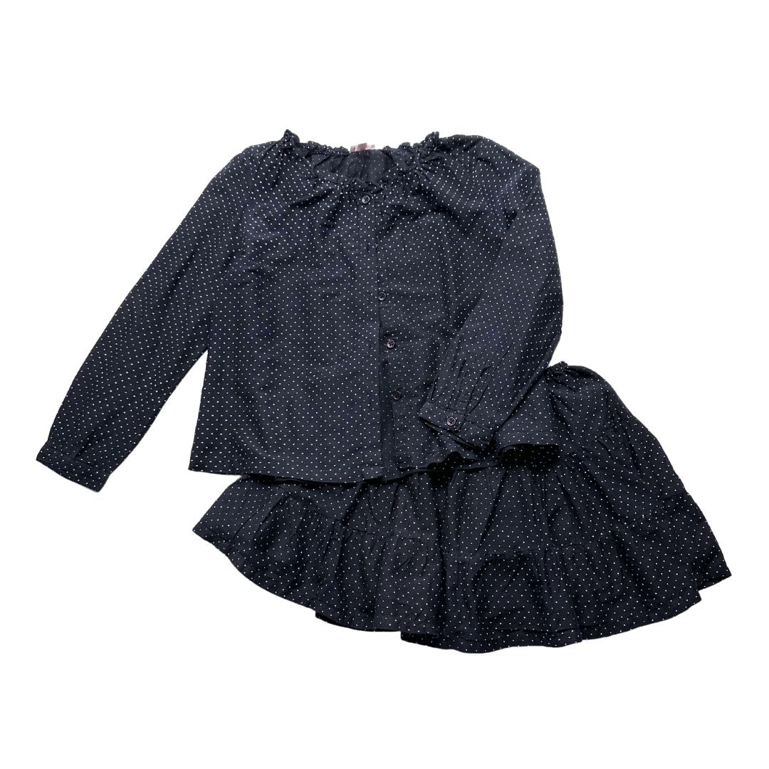 ZEF - Ensemble en soie jupe et chemisier noir à pois blancs - 8 ans
