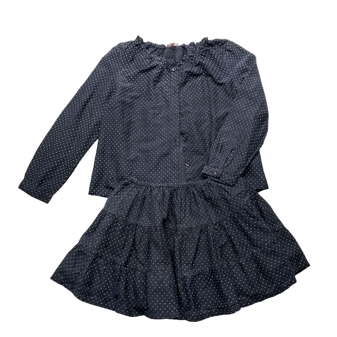 ZEF - Ensemble en soie jupe et chemisier noir à pois blancs - 8 ans