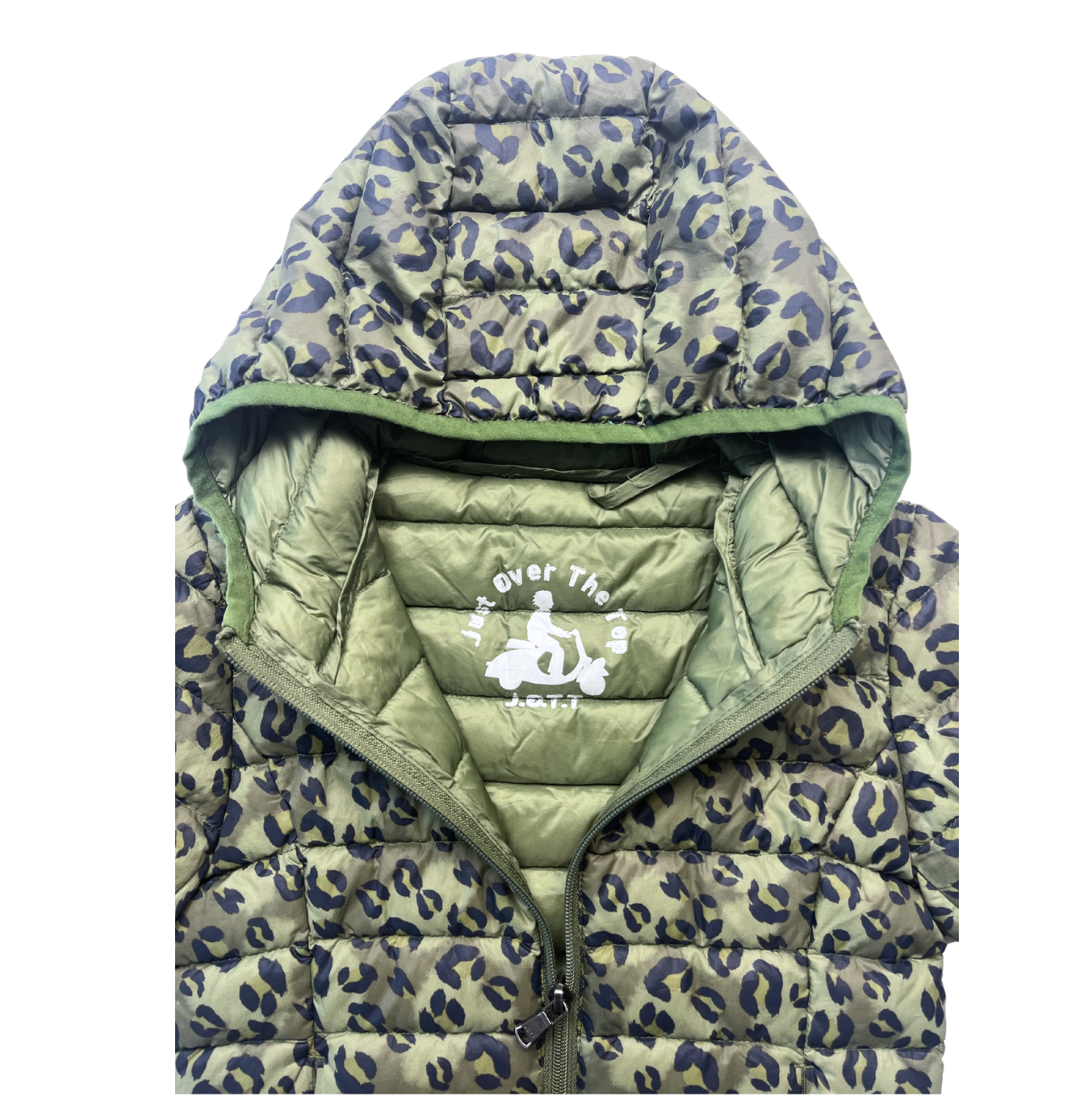 JOTT - Leichte grüne Daunenjacke mit Kapuze und Leopardenmuster - 4/6 Jahre