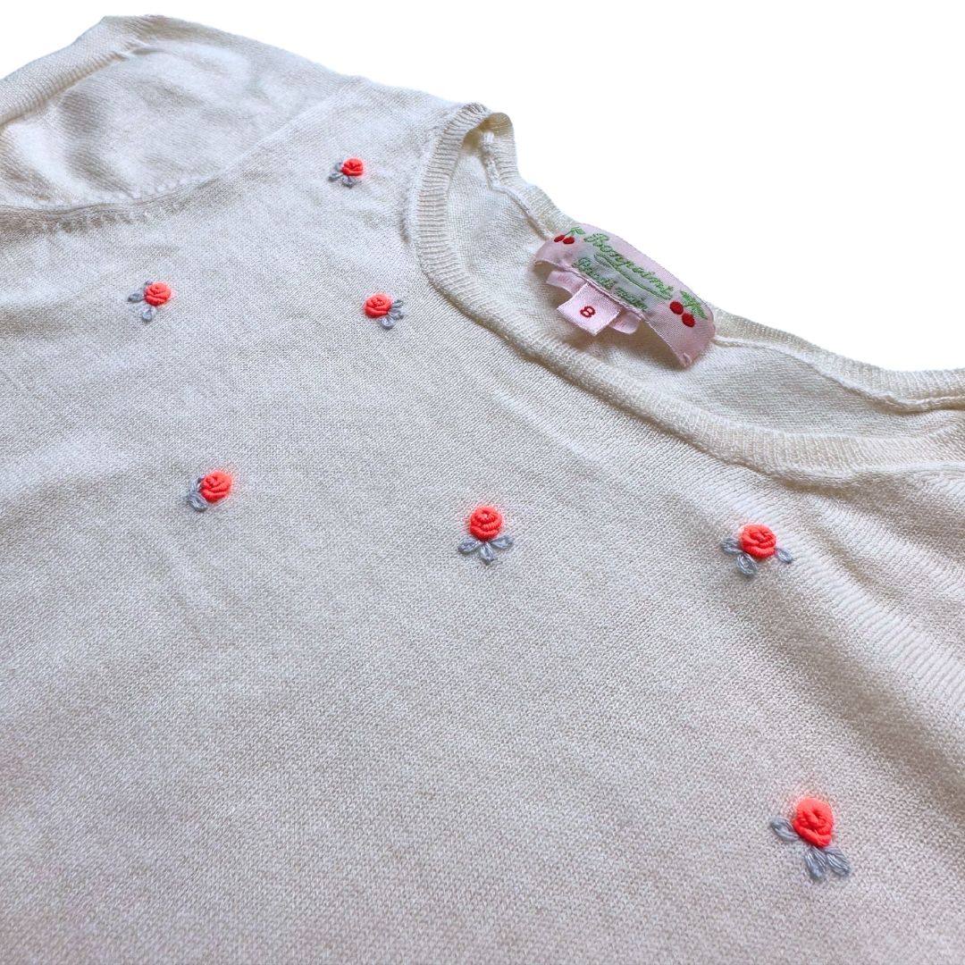 BONPOINT - Cremefarbenes T-Shirt mit gestickten Rosen - 8 Jahre