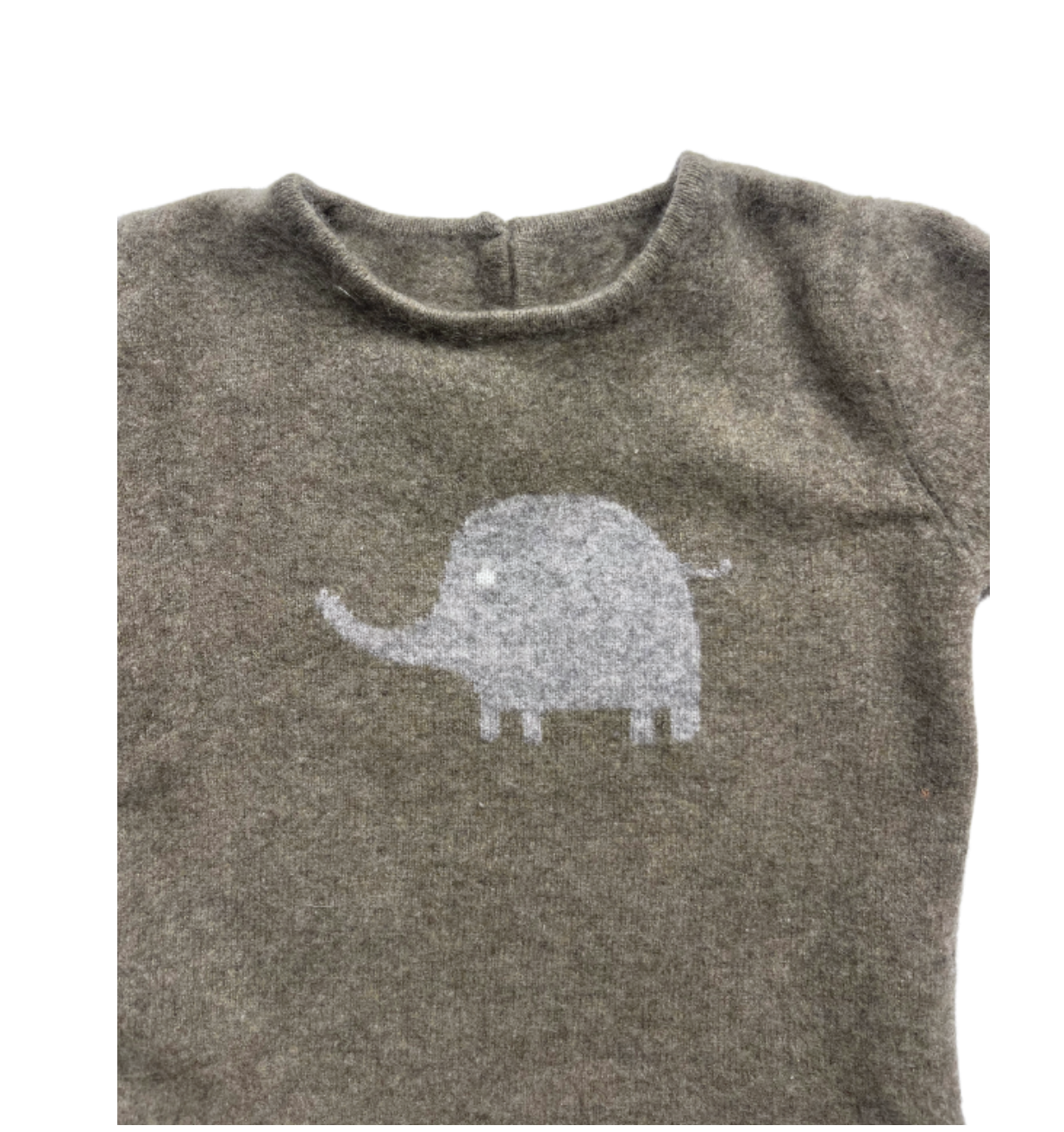 VINTAGE - Pull en cachemire kaki motif éléphant - 6/12 mois