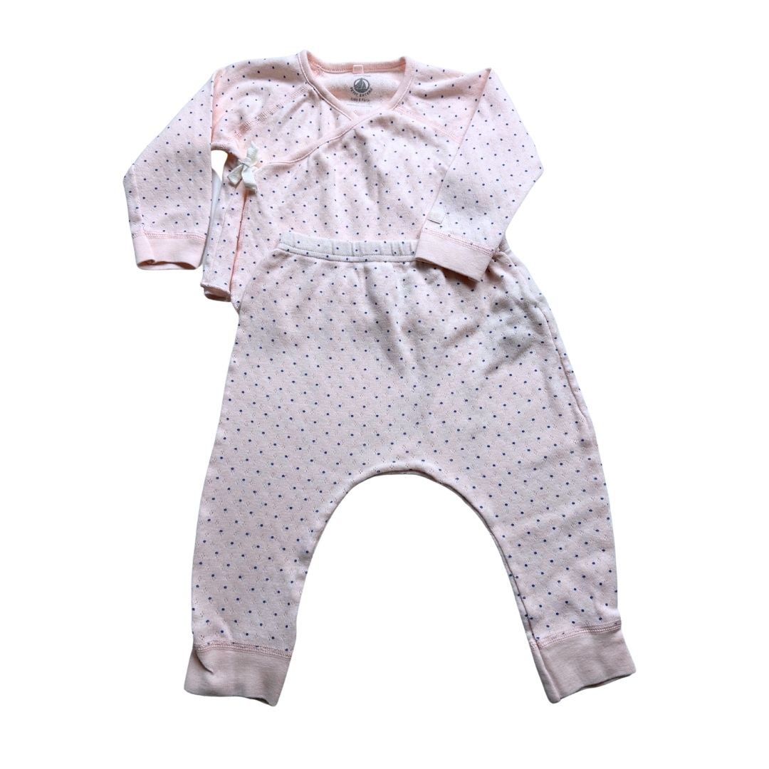 PETIT BATEAU - Ensemble de pyjama rose à pois bleu - 12 mois