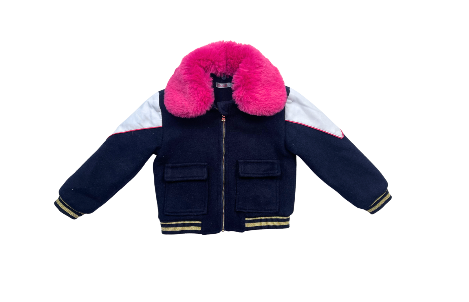 BILLIE BLUSH - Marineblaue Jacke mit rosa Pelzkragen und Paillettenmuster auf der Rückseite - 3 Jahre