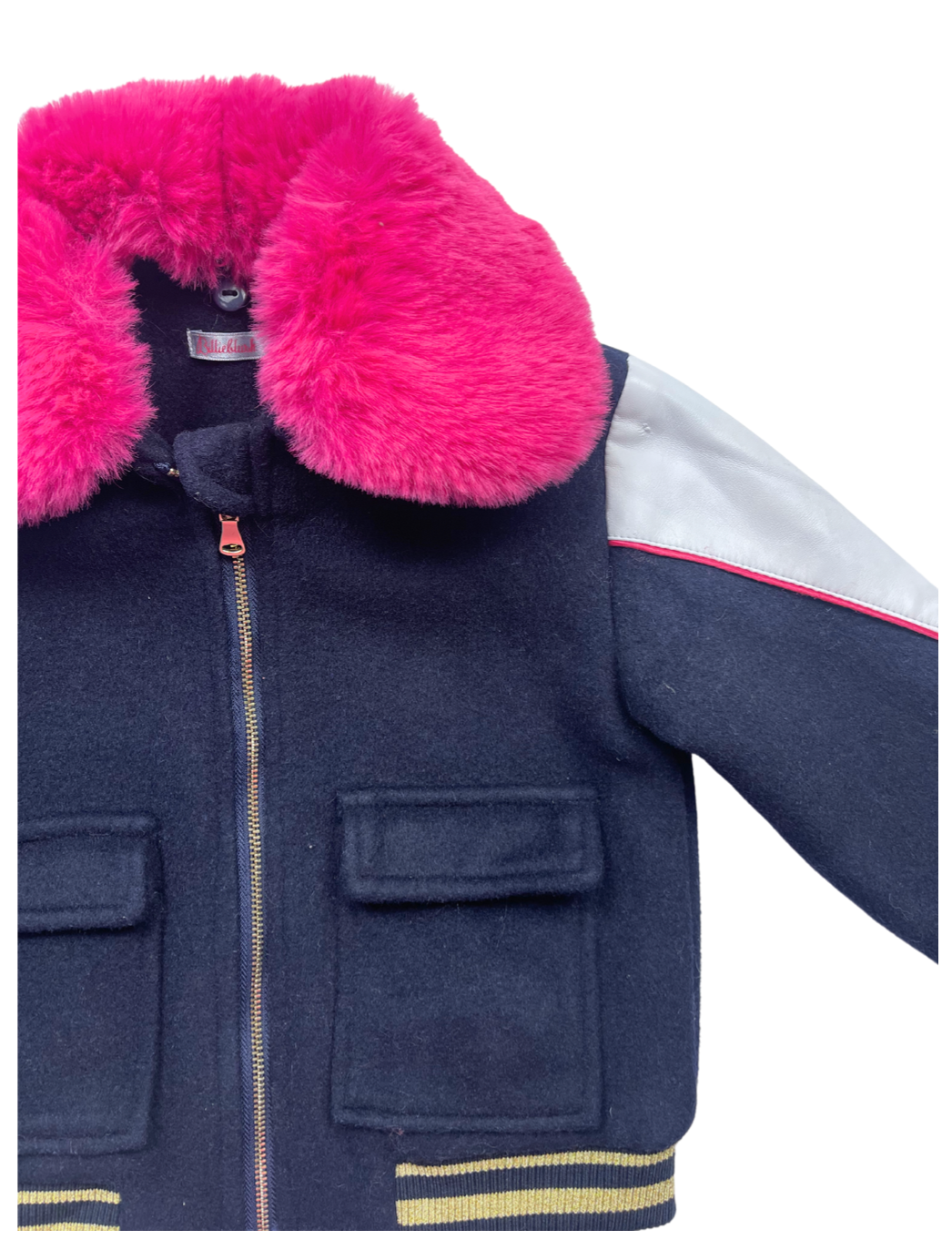 BILLIE BLUSH - Marineblaue Jacke mit rosa Pelzkragen und Paillettenmuster auf der Rückseite - 3 Jahre