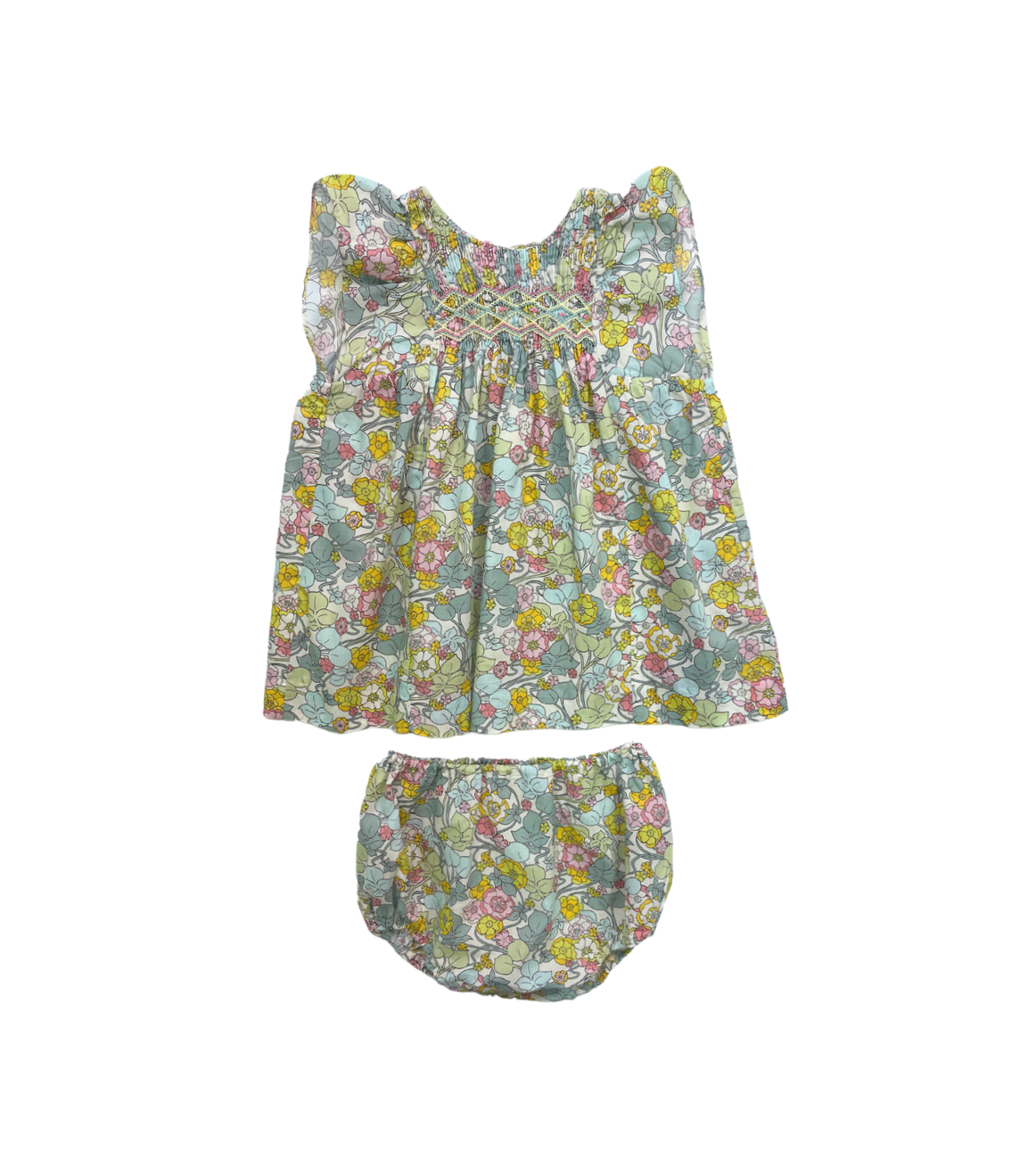 BONPOINT - Ensemble robe verte à fleurs et bloomer - 12 mois