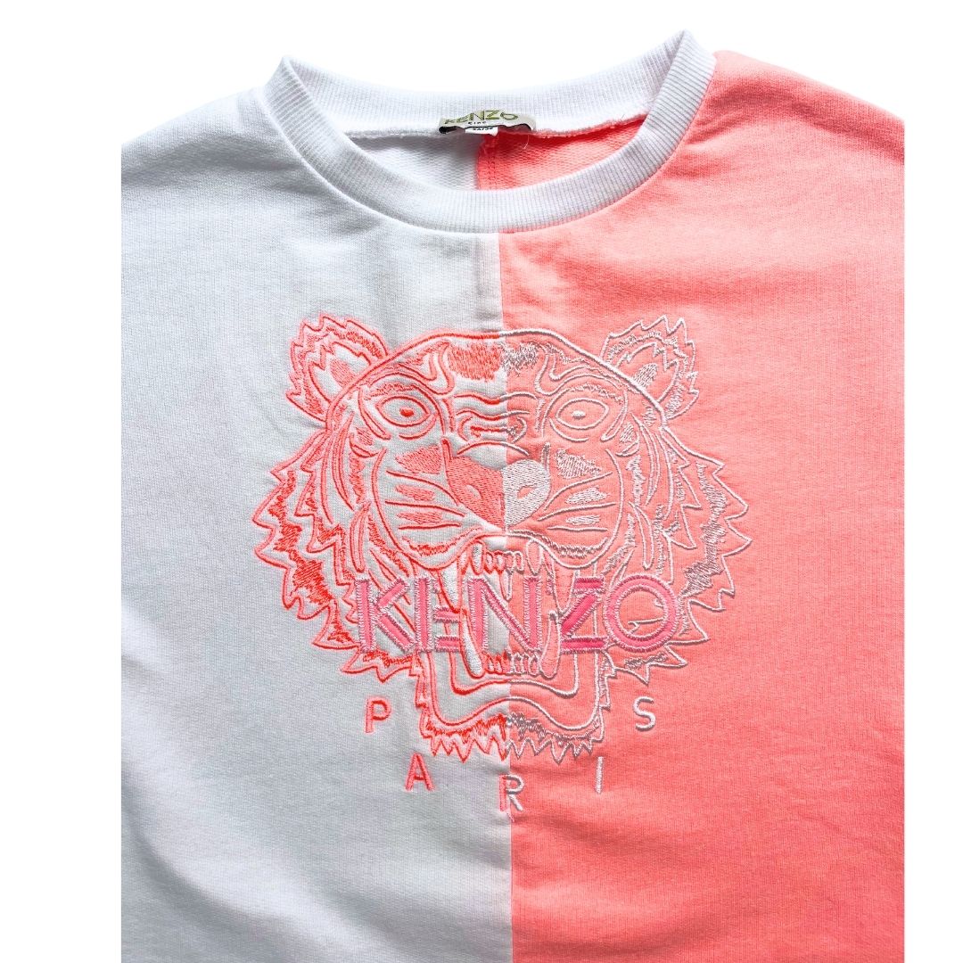 KENZO - Robe / t-shirt blanc et rose à motif tête de tigre brodé - 3 ans