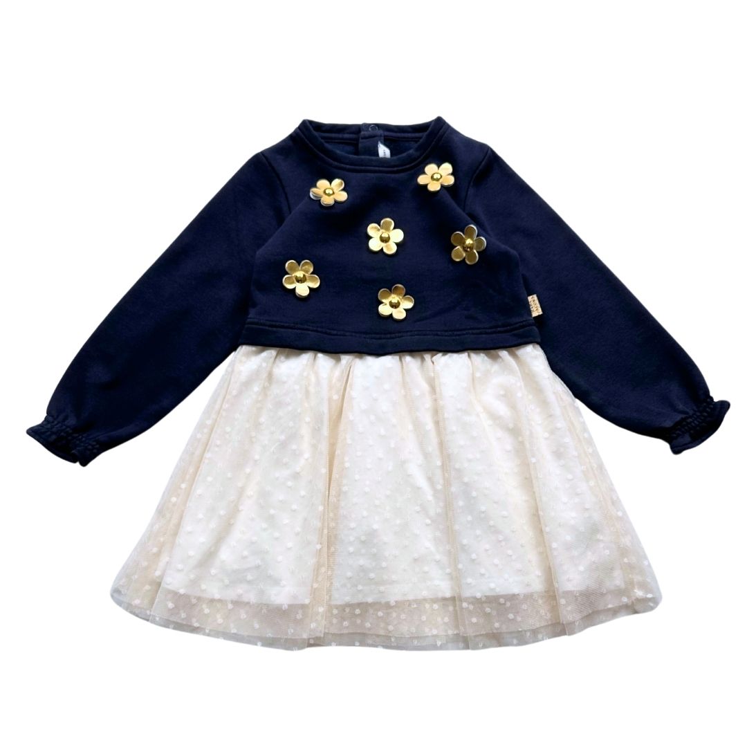 LITTLE MARC JACONS - Marineblaues Kleid mit goldenen Blumen und cremefarbenem Tüll - 3 Jahre