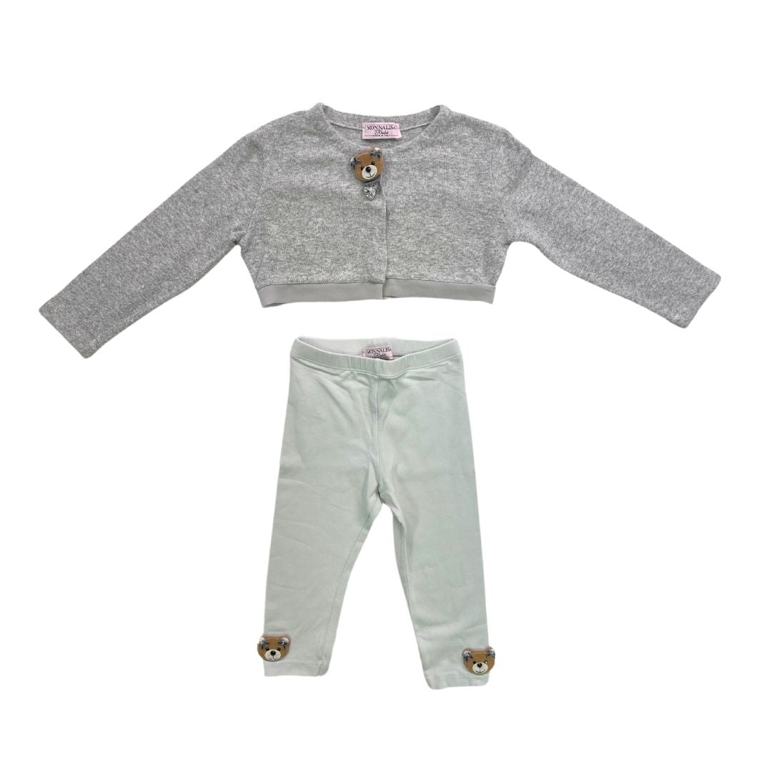 MONNALISA - Short cardigan and gray leggings set with teddy bear - 18 months